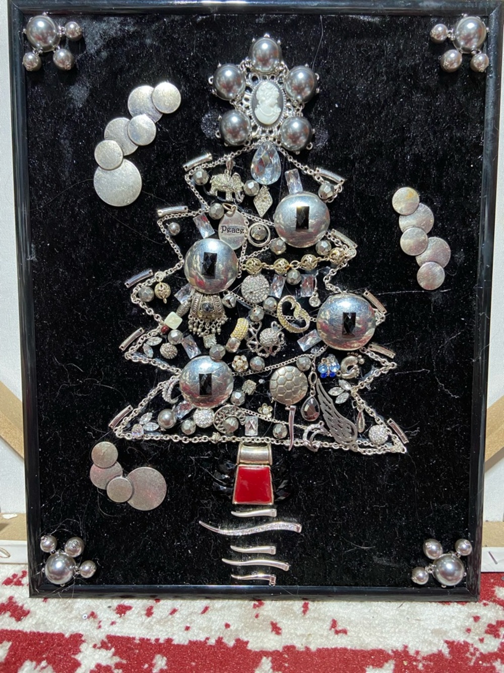 OOAK Handmade Framed Vintage & Modern Costume Jewelry Christmas Tree Mosaic Art.